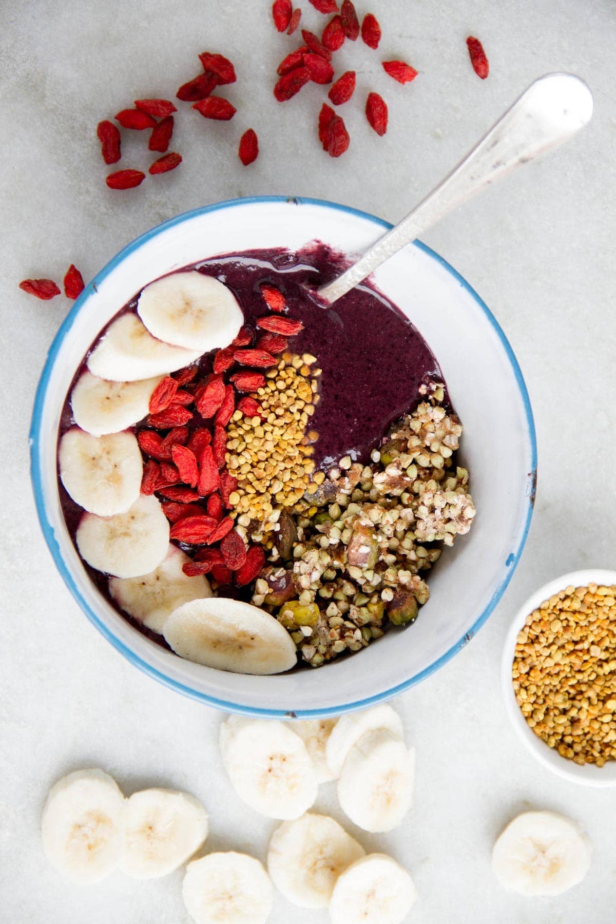 Hero shot of the breakfast bowl topped with different kinds of superfoods