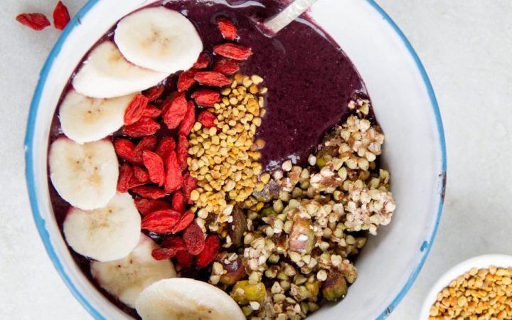 Frozen acai bowl with colourful toppings