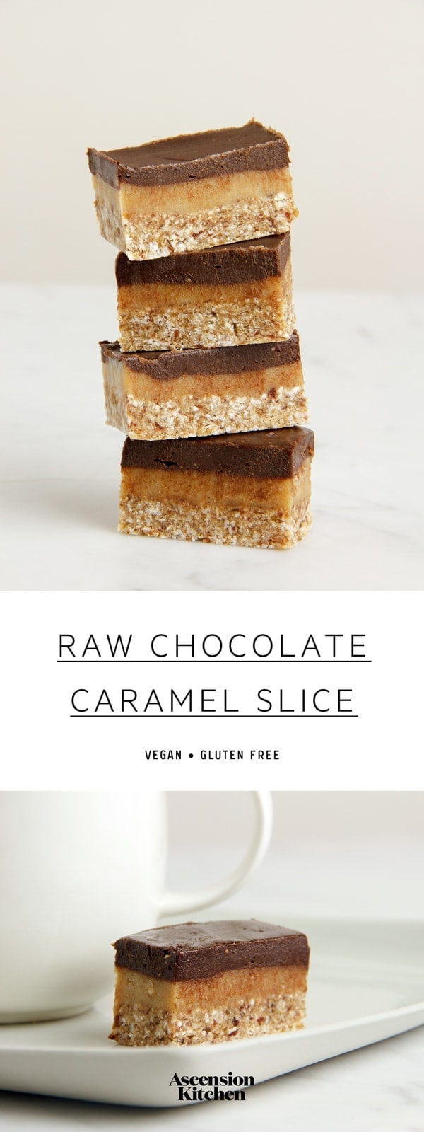 My World famous Raw Chocolate Caramel Slice. This lush raw dessert has a buckwheat and coconut ‘biscuit’ base, with a caramel filling made from macadamia nuts, cashew, maple and lemon, with a thick and dreamy chocolate icing. #vegantreats #vegandesserts #vegansweet #vegandessertideas #rawvegan #caramelslice #dairyfreedesserts #glutenfreedesserts #rawcaramelslice #caramelslicevegan #vegancaramel #healthydessertideas #dessertideas #treatideas #chocolatecaramelslice #unbakeslice #AscensionKitchen // Pin to your own inspiration board //