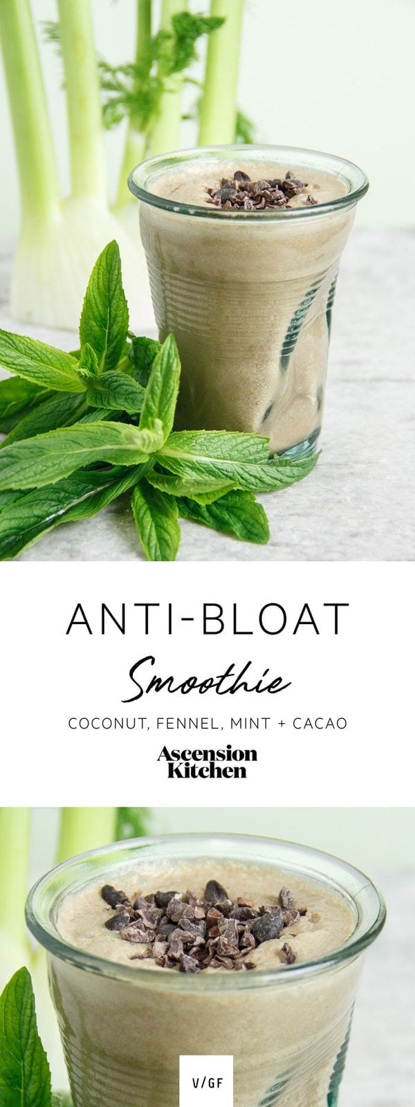 Anti Bloat Smoothie with Coconut Fennel Mint and Cacao - dairy free