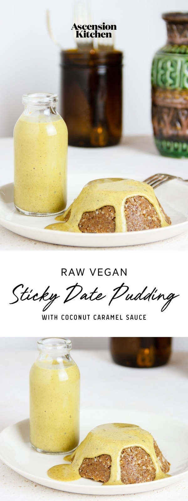 Raw Vegan Sticky Date Pudding with a Coconut Caramel Sauce. Gluten free. #veganstickydatepudding #veganstickydatepuddingrecipe #vegancaramelsauce #vegancaramelsaucerecipe #vegandessertrecipe #rawvegandesserts #rawvegandessertrecipes #AscensionKitchen // Pin to your own inspiration board! //