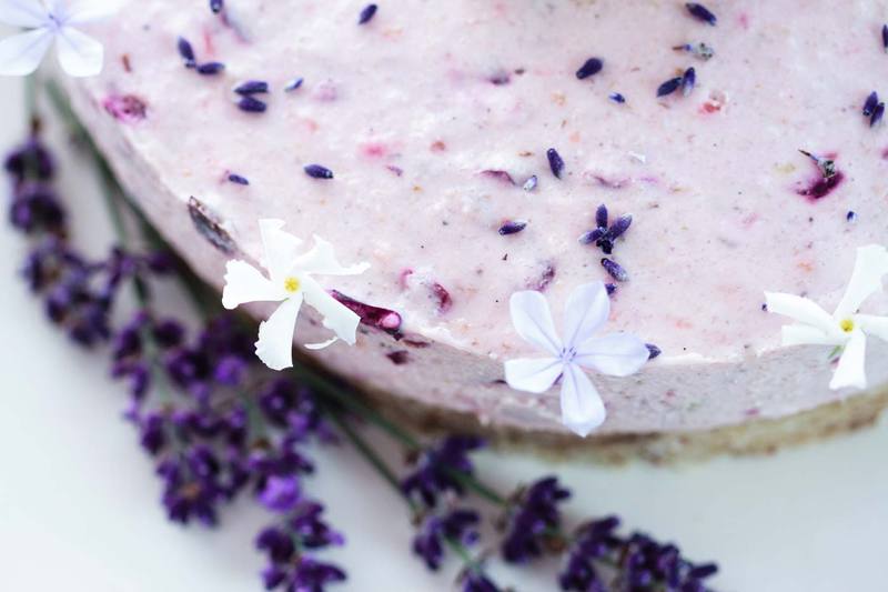 Close up of the lavender cake, showing all the little lavender petals it contains