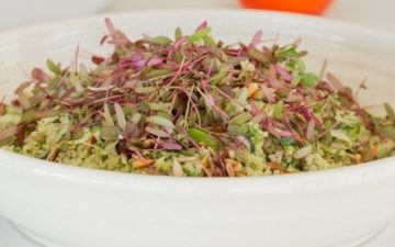 Close up of a warm quinoa salad in a white bowl, finished with a green dressing, toasted seeds and herbs
