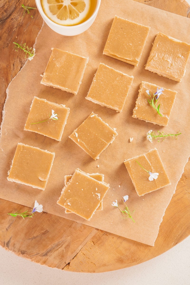 Squares of ginger slice on a wooden board ready to enjoy
