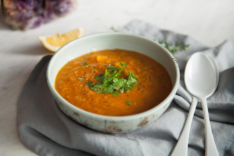 Bowl of Red Lentil Soup with a napkin