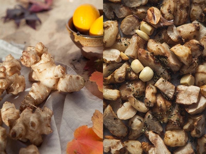 On the left, a close up of a raw, knobbly looking sunchoke, on the right, a tray full of roasted sunchokes with herbs and garlic.