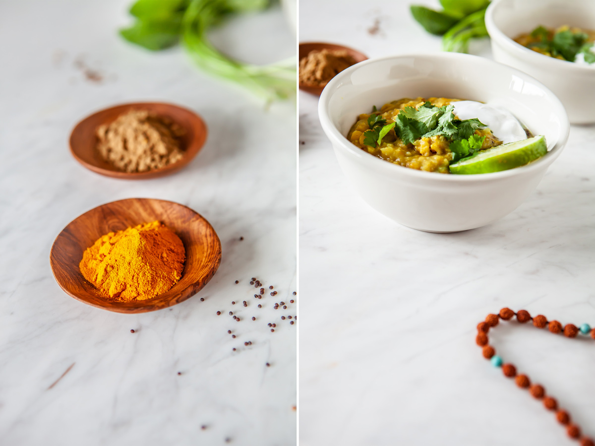 Two photos side by side, one showing colourful spices in wooden dishes, the other showing a bowl of cleansing Kitchari - also known as Kitcheri