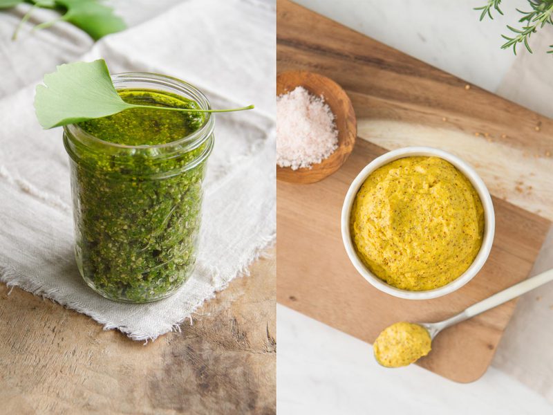 Healthy Spreads to serve with freshly baked bread - pesto on the left and mustard on the right