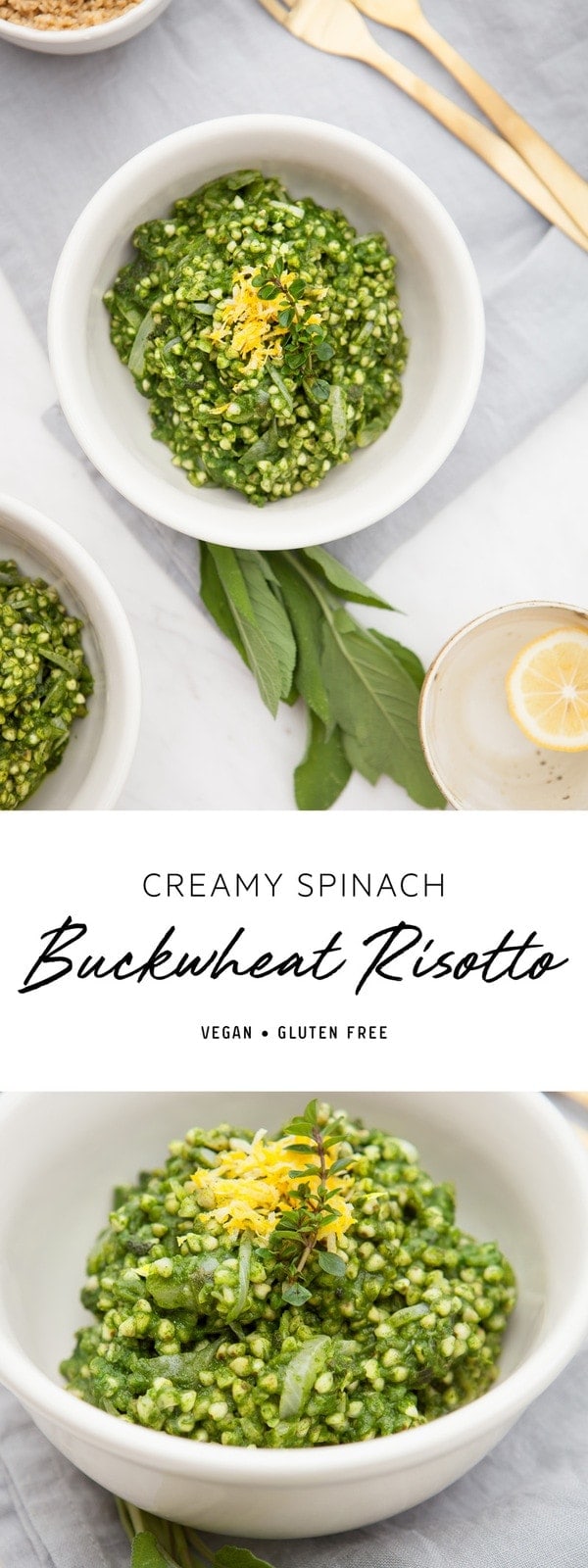 A ridiculously quick creamy Buckwheat Risotto made with spinach, fresh herbs and coconut. The perfect simple dinner recipe. #veganrisotto #buckwheatrisotto #glutenfreerisotto #spinachbuckwheatrisotto #veganrisottorecipe #veganmealideas #vegandinnerideas #plantbaseddinnerideas #whole30recipeideas #whole30dinnerideas #healthydinnerideas #familydinnerideas #plantbaseddinner #plantbasedrecipes #quickvegandinnerideas #AscensionKitchen // Pin to your own inspiration board! // 