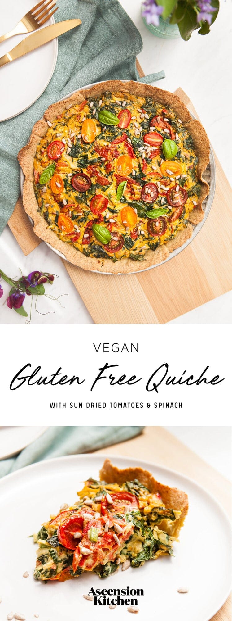Vegan and Gluten Free Quiche with Sun Dried Tomatoes and Spinach. Perfect for summer picnics. #veganquiche #veganquicherecipes #veganquichecrust #veganquicheglutenfree #glutenfreequiche #glutenfreequiche #glutenfreequicherecipes #glutenfreequichevegetarian #glutenfreequichevegan #glutenfreequichespinach #glutenfreequichehealthy #glutenfreequichelorraine #AscensionKitchen // Pin to your own inspiration board! //