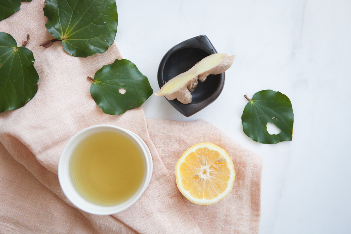 A cup of kawakawa tea on the kitchen counter, with fresh kawakawa leaves, a slice of ginger and half a lemon beside it.