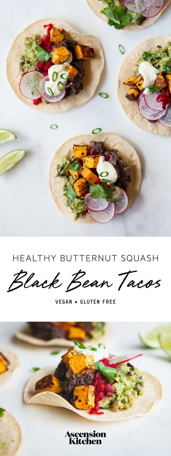 Healthy Butternut Squash Tacos with Refried Black Beans and a generous side of guacamole, of course! #butternutsquashtacos #butternutsquashtacosvegan #butternutsquashtacosblackbeans #butternutsquashtacoshealthy #butternutsquashtacosglutenfree #butternutsquashtacosrecipes #butternutsquashtacosdinners #vegantacos #vegantacosrecipe #AscensionKitchen // Pin to your own inspiration board! //