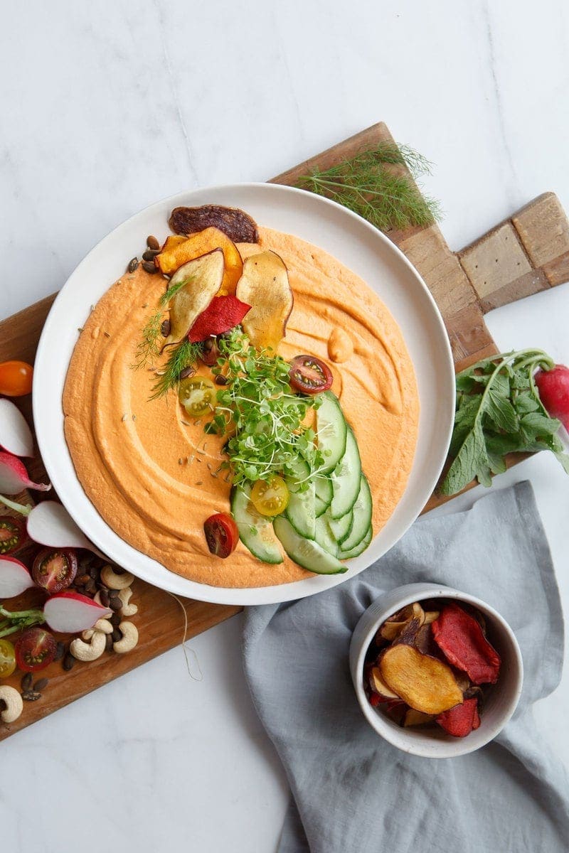 Chargrilled Capsicum Hummus with chips and vegetable sticks