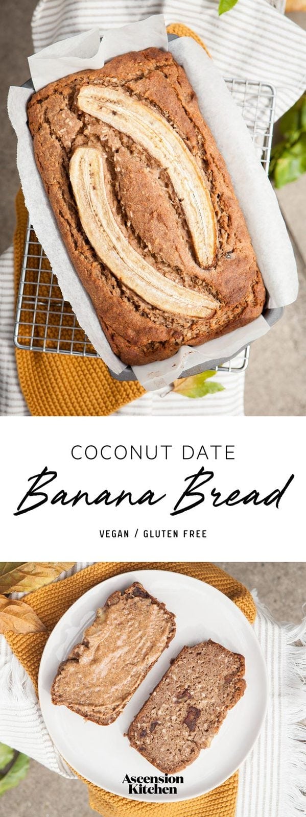 Gluten Free Vegan Banana Bread, no added sugar, sweetened naturally with coconut and whole dates. A family sized recipe. #glutenfreeveganbananabread #glutenfreeveganbananabreadeasy #glutenfreeveganbananabreadrecipe #glutenfreeveganbananabreadfamilies #veganbananabread #glutenfreedairyfreebananabread #AscensionKitchen  // Pin to your own inspiration board! //