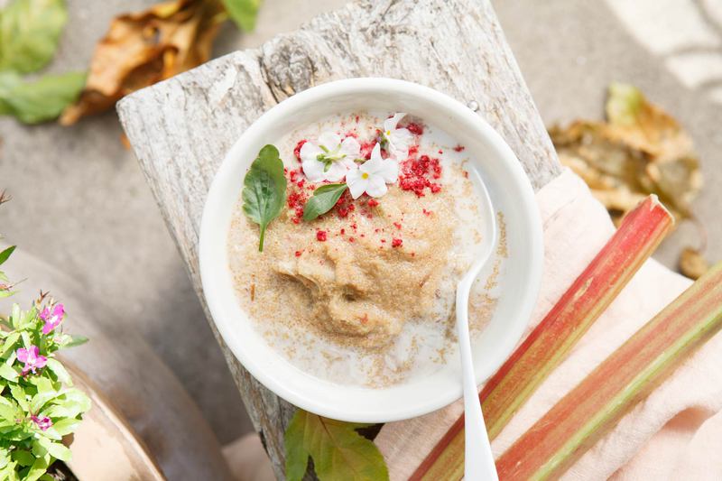 Bowl of Rhubarb and Apple Amaranth Porridge on a rustic bench outside, surrounding by autumn leaves