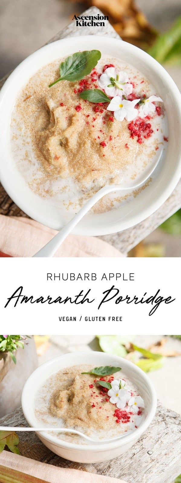 Creamy Rhubarb Apple Amaranth Porridge – a nice alternative to oats. #amaranthporridge #amaranthporridgerecipe #amaranthporridgevegan #amaranthporridgehealthy #amaranthporridgecoconutmilk #amaranthbenefits #glutenfreeporridge #AscensionKitchen // Pin to your own inspiration board! //