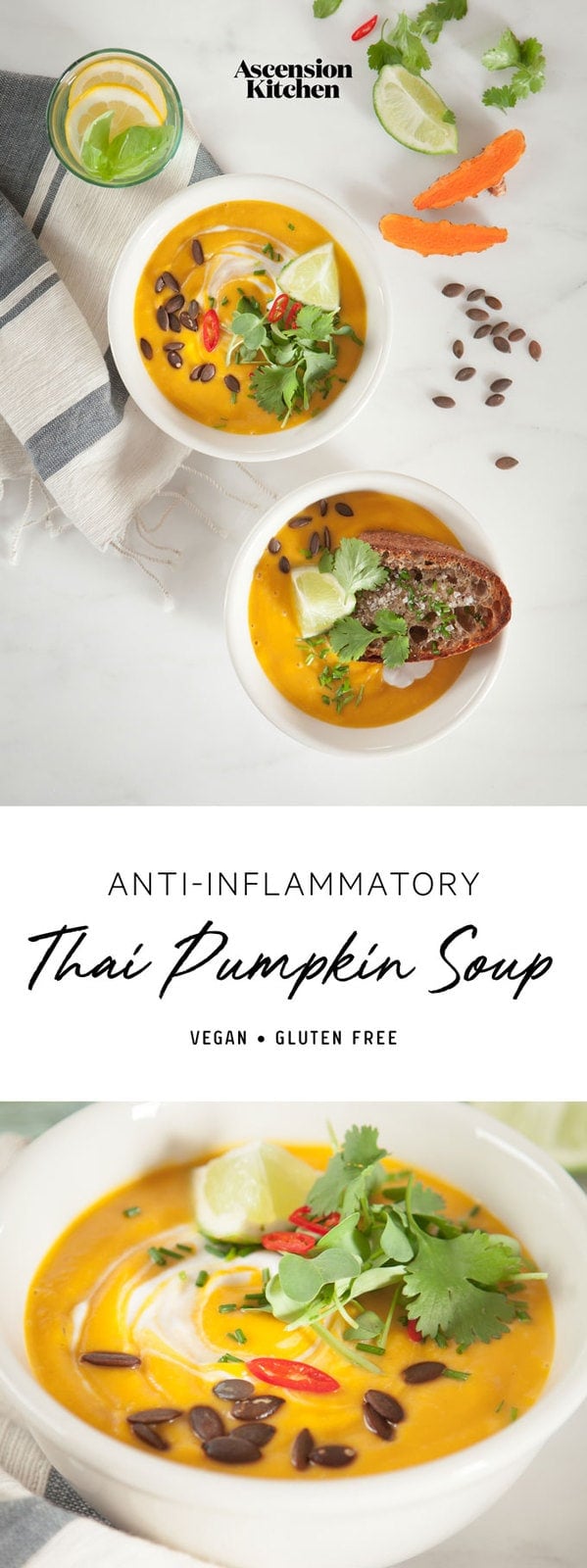 Thai Pumpkin Soup – an anti-inflammatory soup packed with turmeric, ginger, chilli, lemongrass and lime. #thaipumpkinsoup #thaipumpkinsouprecipe #spicythaipumpkinsoup #thaipumpkinsoupcoconutmilk #thaipumpkinsoupvegan #antiinflammatorysoup #antiinflammatorysouprecipes #antiinflammatorysoupturmeric #AscensionKitchen // Pin to your own inspiration board! //