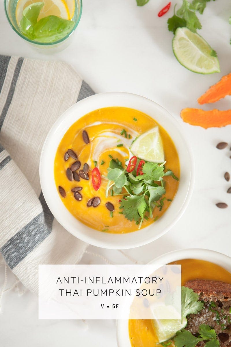 Thai Pumpkin Soup – an anti-inflammatory soup packed with turmeric, ginger, chilli, lemongrass and lime. #thaipumpkinsoup #thaipumpkinsouprecipe #spicythaipumpkinsoup #thaipumpkinsoupcoconutmilk #thaipumpkinsoupvegan #antiinflammatorysoup #antiinflammatorysouprecipes #antiinflammatorysoupturmeric #AscensionKitchen // Pin to your own inspiration board! //