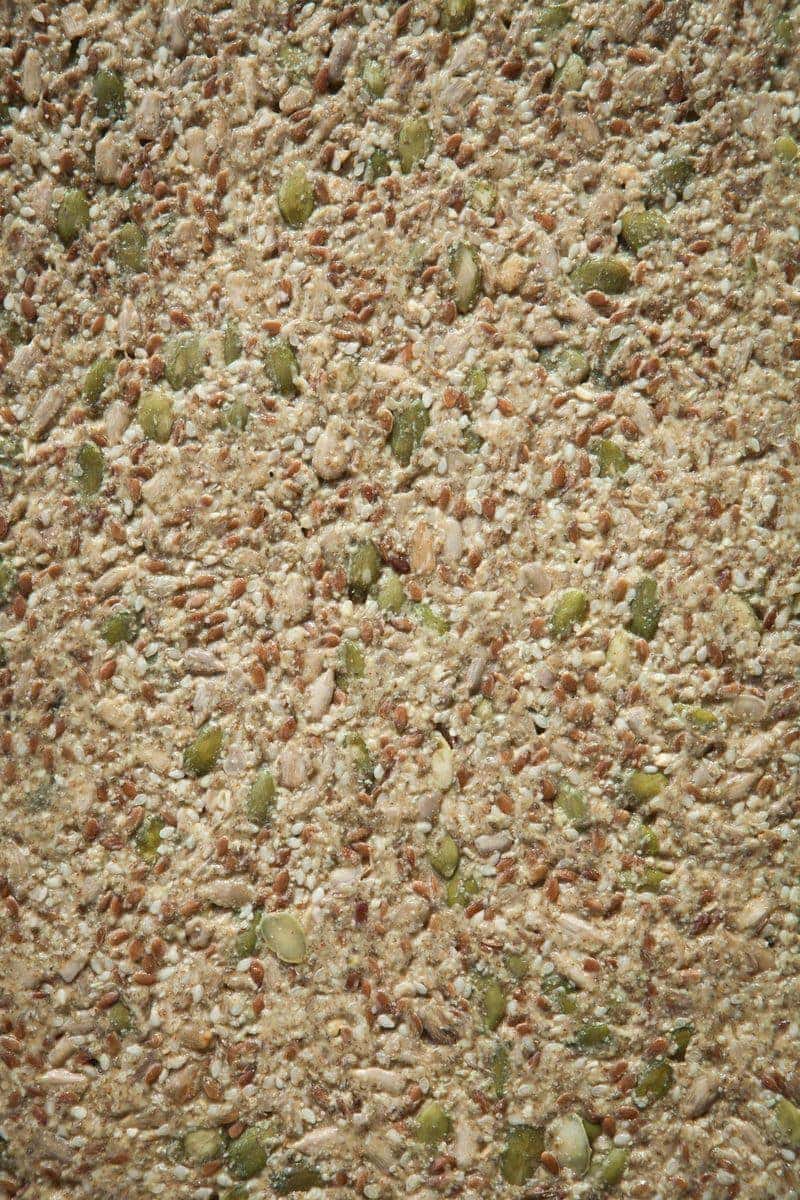 Close up of seed cracker mixture spread thin over a try prior to baking