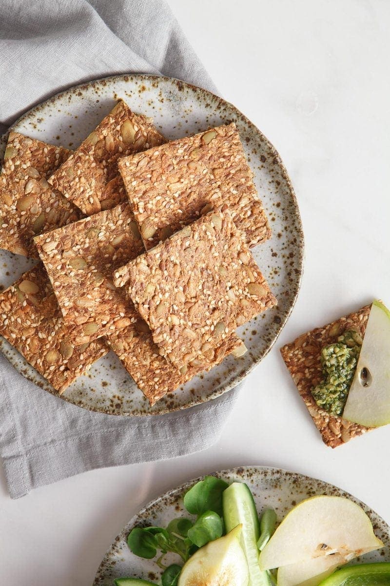 Speedy Super Seed Crackers arranged on a plate ready to serve