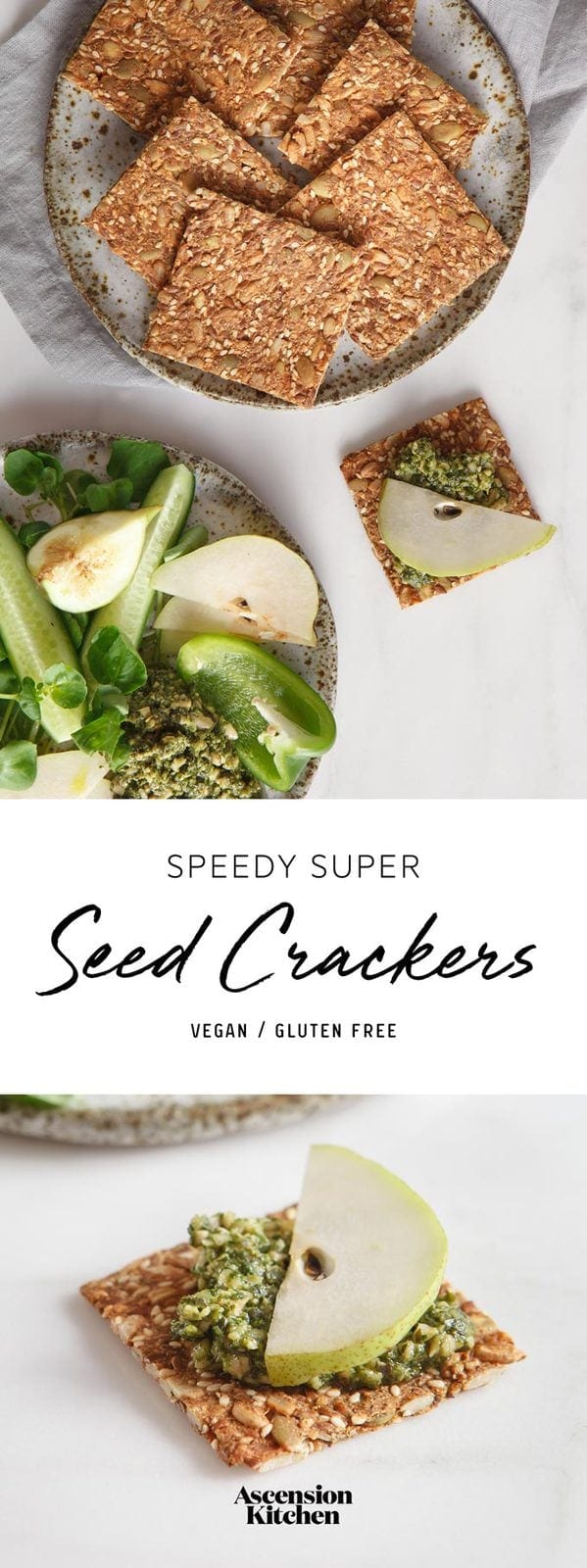 Speedy Super Seed Crackers! A quick and simple gluten free cracker recipe. #seedcrackers #seedcrackerslowcarb #seedcrackersrecipe #seedcrackerspaleo #whole30snack #seedcrackersglutenfree #seedcrackersflax #seedcrackerschia #seedcrackersvegan #seedcrackershomemade #seedcrackerssunflower  #AscensionKitchen  // Pin to your own inspiration board! //