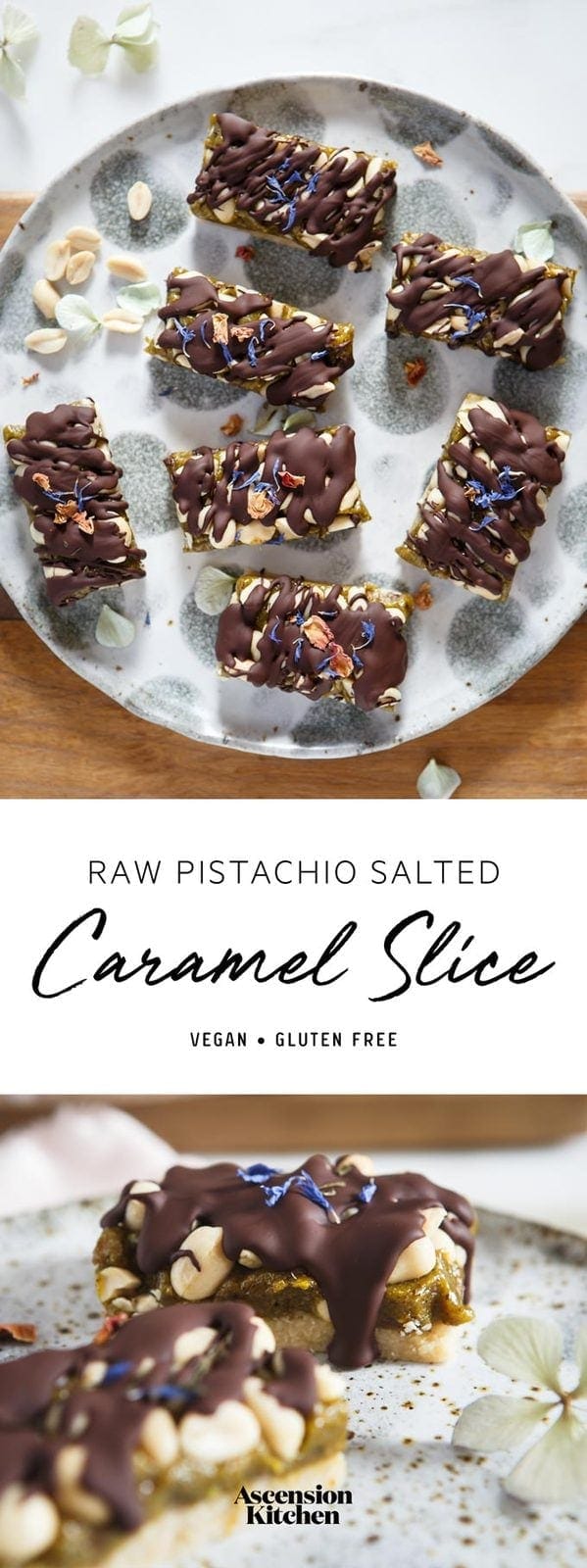 An indulgent raw pistachio Salted Caramel Slice – with peanuts and a drizzle of dark chocolate. #rawveganslice #saltedcaramelslice #pistachiorecipe #saltedcaramelsliceraw #saltedcaramelslicevegan #saltedcaramelslicepaleo #saltedcaramelslicerecipe #homemadesaltedcaramel #AscensionKitchen  // Pin to your own inspiration board! //