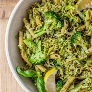 Broccoli Pasta with homemade basil pesto - a quick gluten free, vegan dinner. #broccolirecipe #veganpasta #glutenfreepasta #easydinner #familydinner #pesto #AscensionKitchen