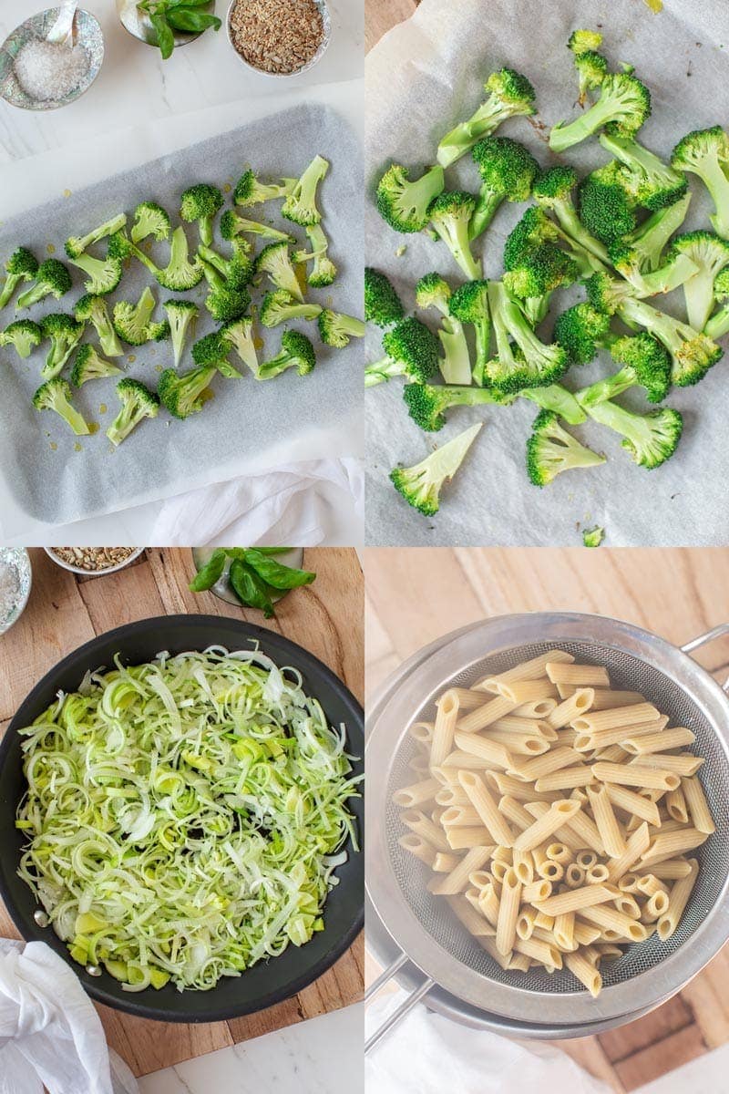 Images showing how to make broccoli pasta step by step