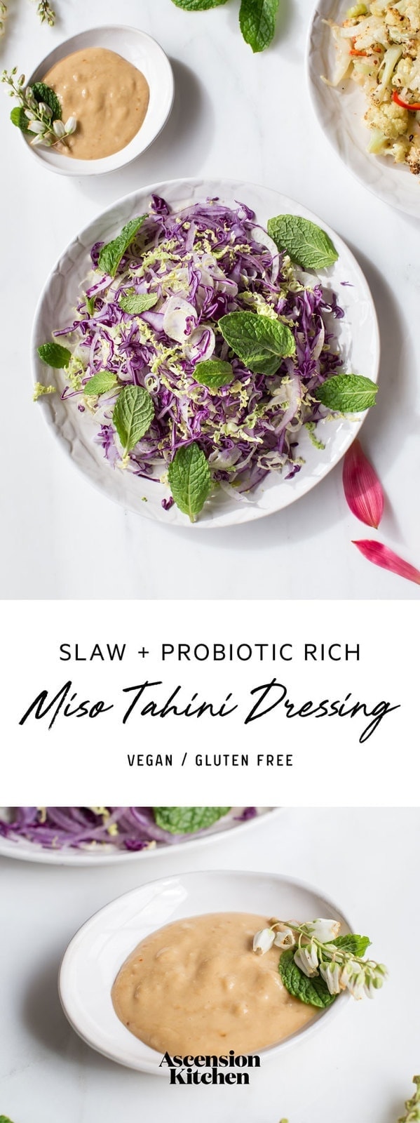 A healthy slaw with probiotic miso tahini dressing. #rainbowslaw #veganslaw #healthyslaw #slawrecipes #misotahinidressing #whole30recipes #veganrecipes #whole30dinner #AscensionKitchen // Pin to your own inspiration board! //