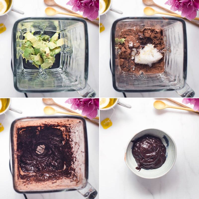 Step by step images showing how to make chocolate avocado frosting