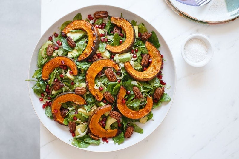 Roasted Kabocha Squash Salad with Maple Spiced Pecans ready to serve