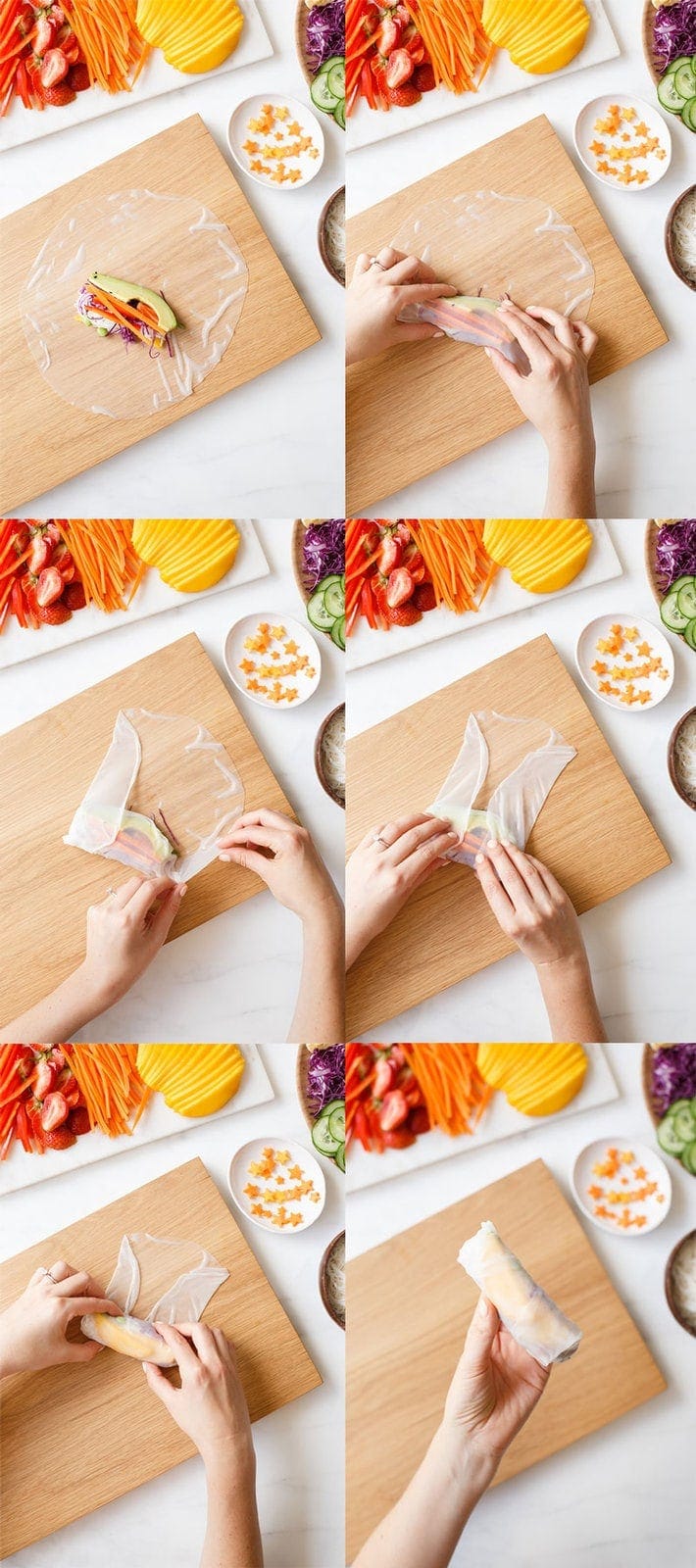 A step by step photo montage showing how to roll Vietnamese rice paper rolls