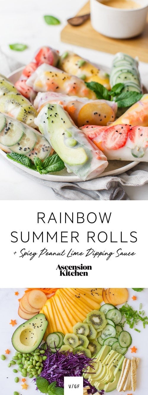 Beat the heat with these antioxidant-packed Rainbow Summer Rolls with Spicy Peanut Lime Dipping Sauce. A deliciously vegan recipe.