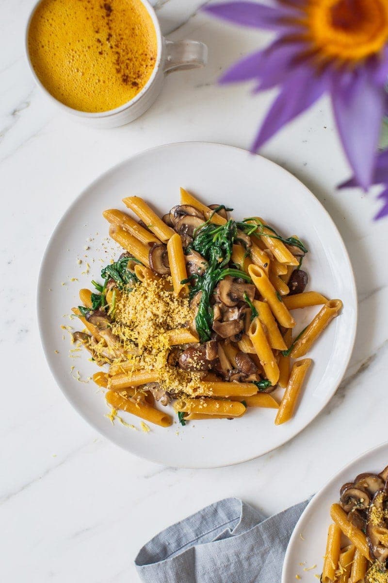 Close up of a plate of creamy pasta ready to eat