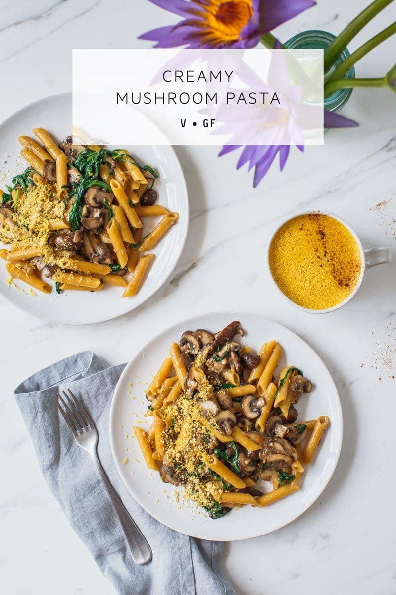 A quick and simple vegan Creamy Mushroom Pasta made with gluten free red lentil penne. #veganmushroompastarecipe #glutenfreepastarecipe #veganmushroompasta #AscensionKitchen // Pin to your own inspiration board! //