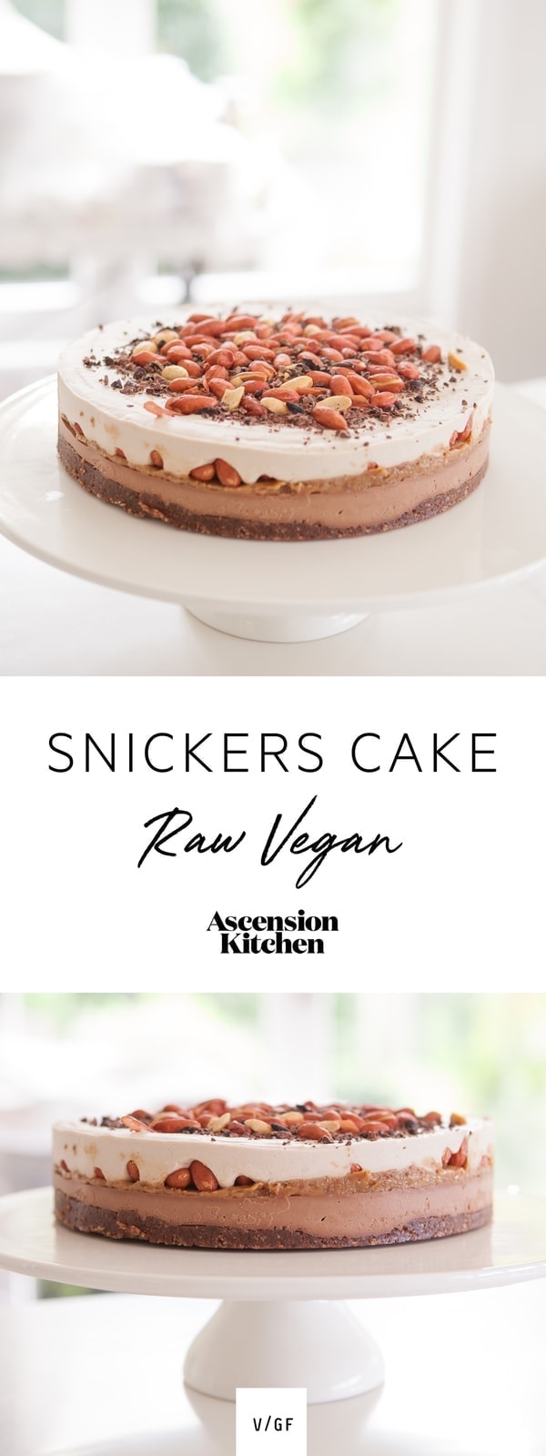 A raw, no-bake Snickers Cake – entirely vegan and gluten free. Total over the top indulgence – but hey – you live once! ~ snickers cake recipe, snickers ice cream cake ~  #AscensionKitchen  // Pin to your own inspiration board! //