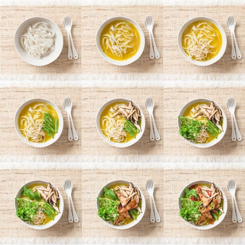 Step by step visuals showing how to assemble vegan pho bowls