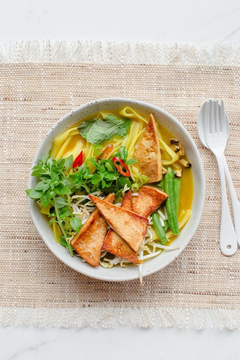 Bowl of beautiful vegan pho ready to serve