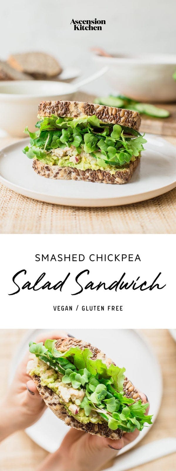 The ultimate vegan Smashed Chickpea Salad Sandwich! Hold the mayo, I’ll have extra avo. #chickpeasaladsandwich #vegetarianchickpeasandwich #nomayo #mocktuna #AscensionKitchen // Pin to your own inspiration board! //