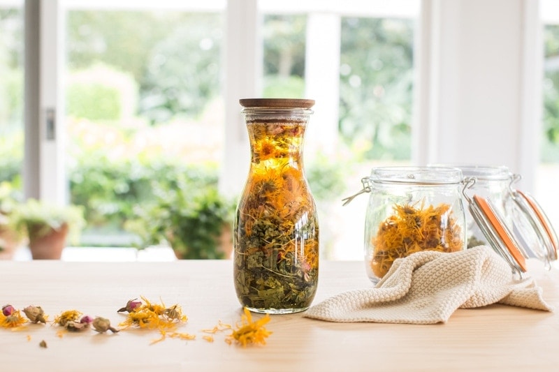 A beautiful bottle of herbal infused oil for dry skin on the kitchen bench, surrounded by dried calendula