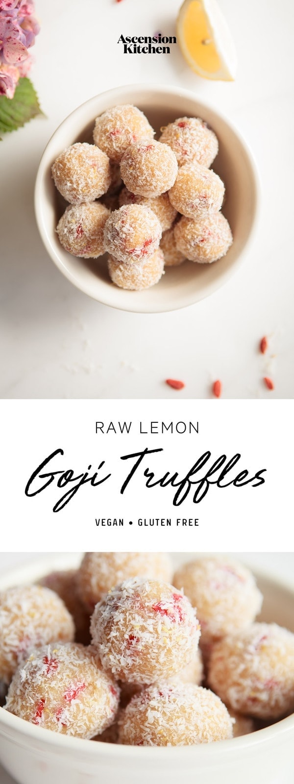 Raw Lemon Goji Truffles – a quick and simple vegan treat. #coconuttruffles #vegantruffles #lemontruffles #coconuttrufflesrecipe #coconuttrufflesrecipeeasy #AscensionKitchen // Pin to your own inspiration board! //