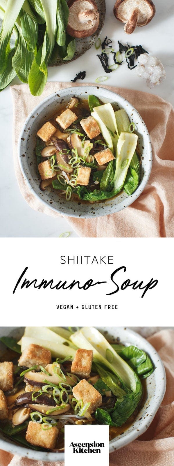 A nourishing Shiitake Mushroom Soup full of immune supportive nutrients. #shiitakesoup #shiitakesouprecipe #immunesoup #shiitakemushroom #shiitakemushroomsoup #veganmushroomsouprecipe #AscensionKitchen  // Pin to your own inspiration board! //