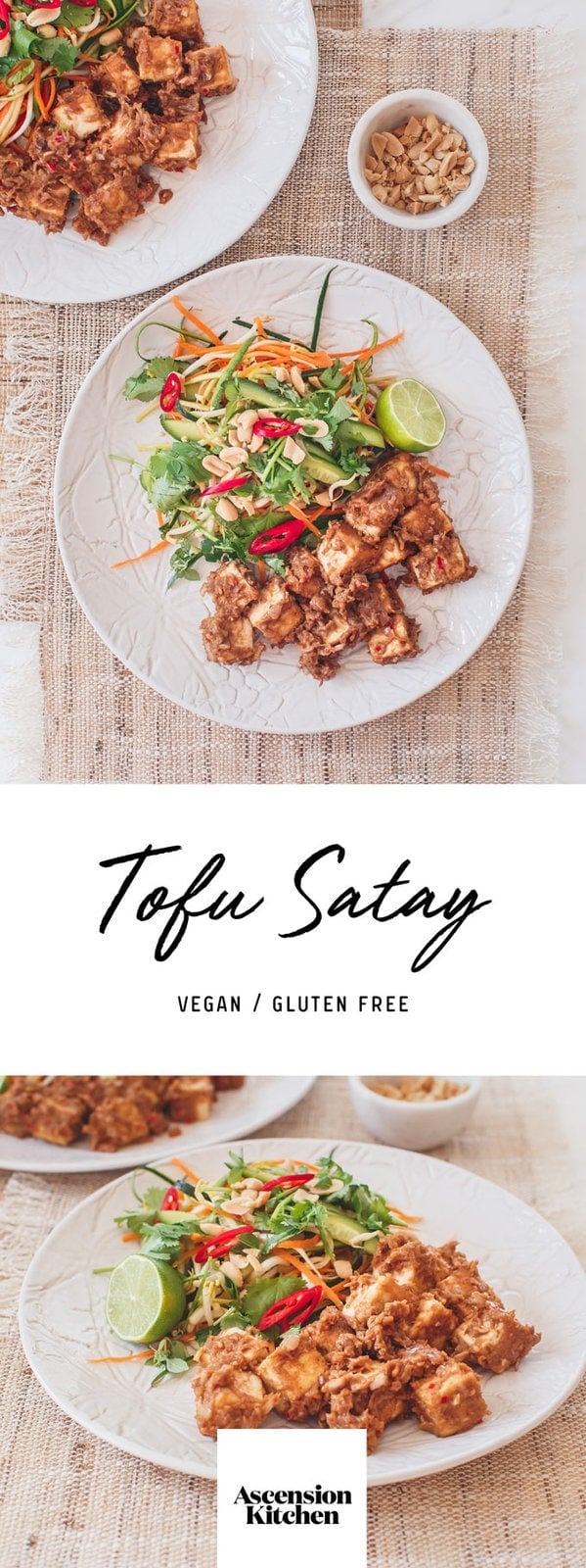 Vegan Tofu Satay – tofu cubes in a spicy peanut satay sauce paired with a crisp raw salad. Healthy and indulgent! ⠀⠀⠀ #vegantofusatay #tofusataycurry #tofusatayhealthy #vegansataysauce #vegansatayrecipe #vegansataytofu #vegansatayglutenfree #AscensionKitchen ⠀⠀⠀ // Pin to your own inspiration board! //
