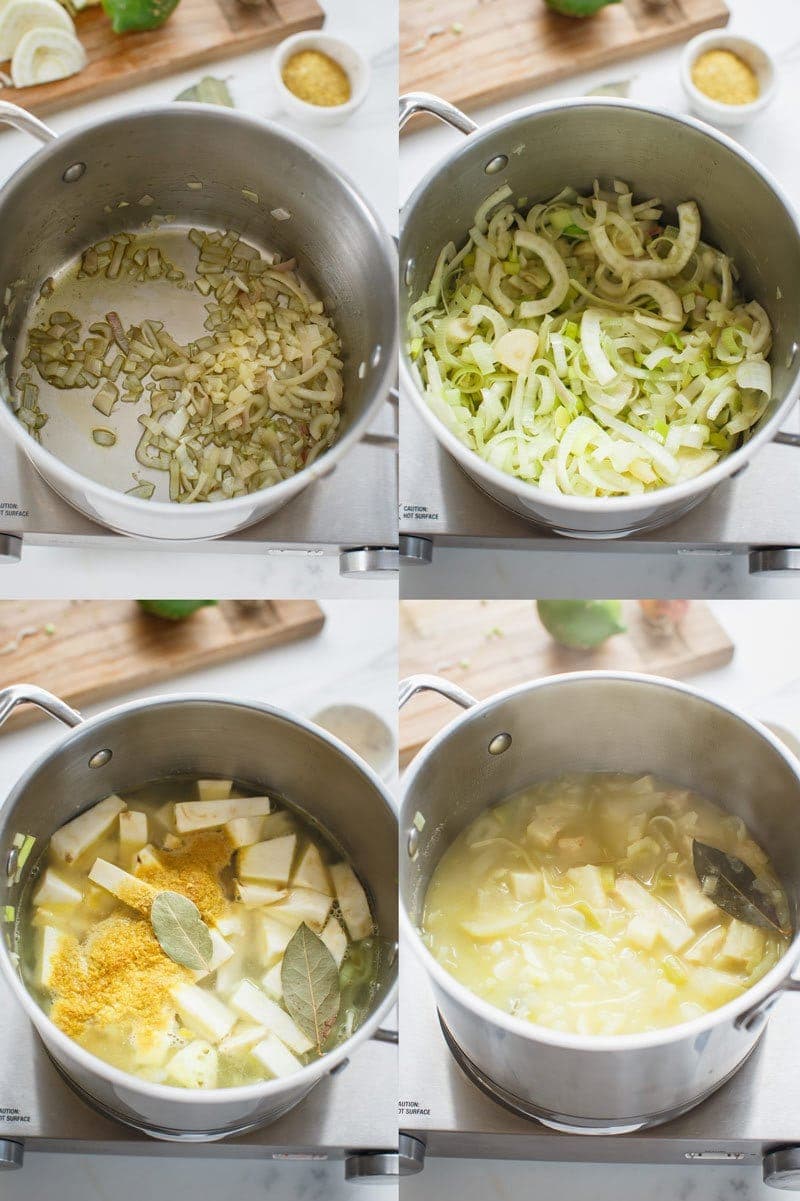 Step by step guide showing how to prepare a creamy vegan celeriac soup