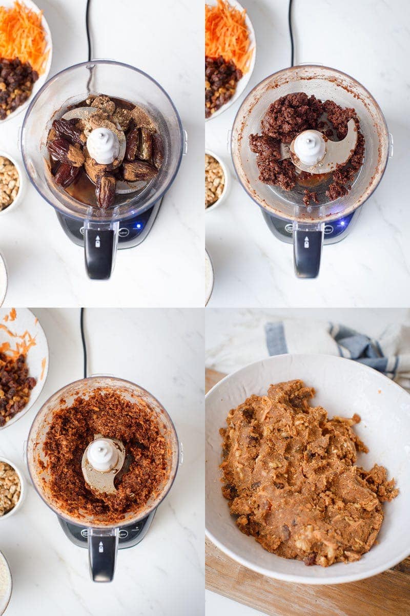 Step by step photos showing how to make a raw carrot cake