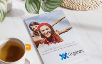 A FitGenes brochure on the kitchen bench