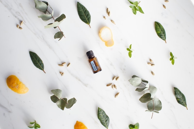 doTERRA EasyAir blend surrounded by fresh aromatic herbs and spices on a marble surface