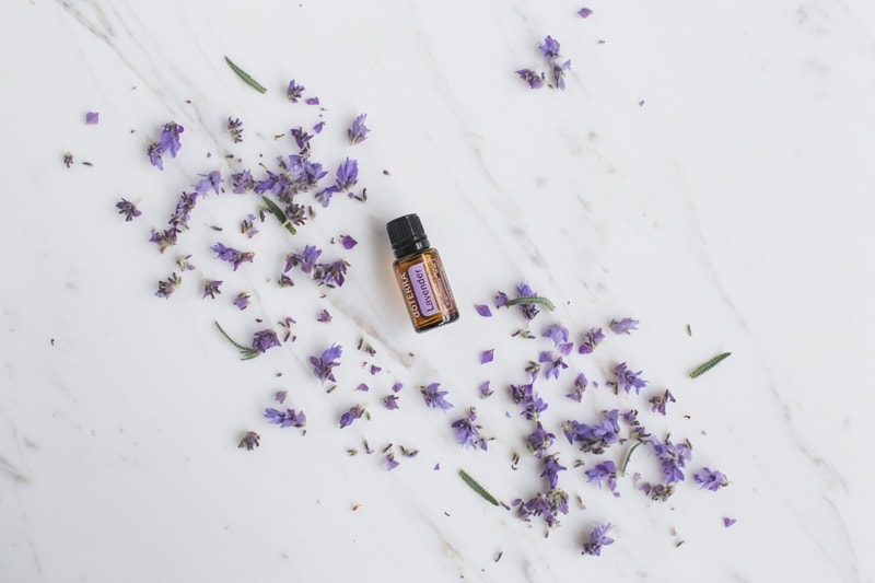 doTERRA lavender essential oil surrounded by strewn lavender flowers on a marble surface