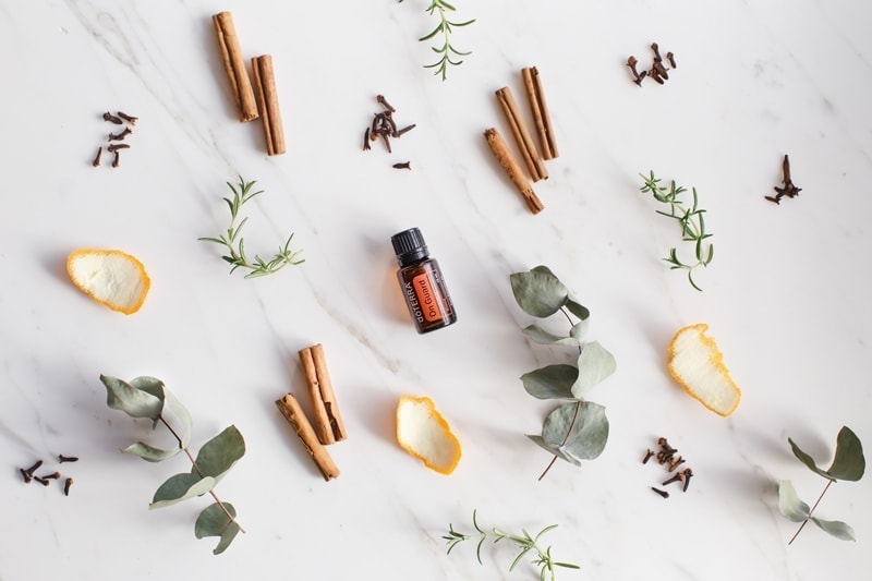 doTERRA OnGuard blend surrounded by fresh aromatic herbs and spices on a marble surface