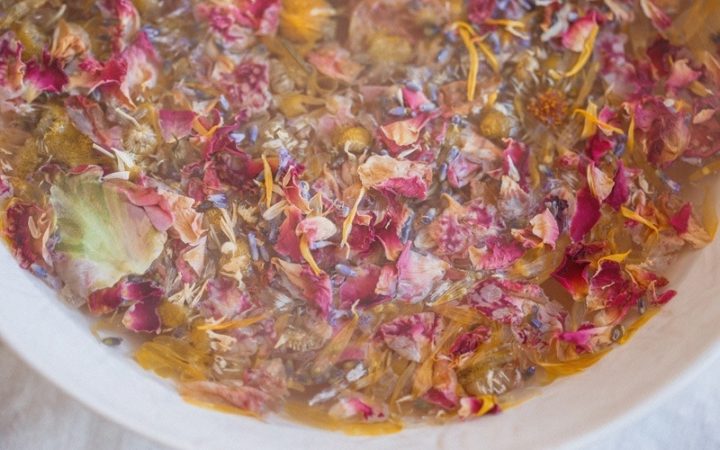 Close up of a herbal facial steam for dry skin